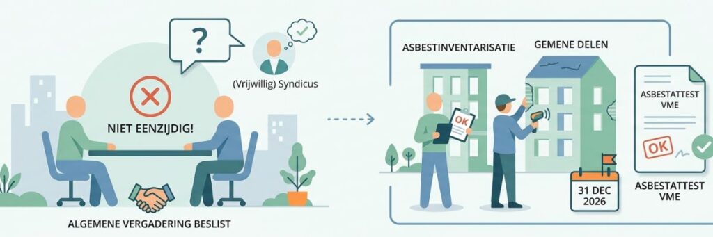 Minimalistische flatdesign illustratie die uitlegt dat de Algemene Vergadering beslist over het asbestattest voor de gemene delen, niet de syndicus eenzijdig. Rechts is een asbestinventarisatie van een appartementsgebouw te zien met de deadline 31 december 2026