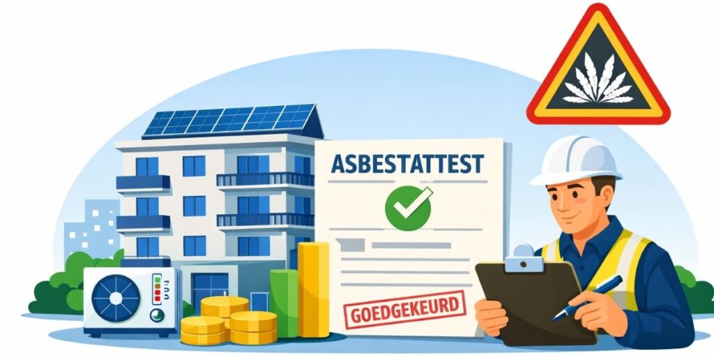 Flat‑illustratie van een appartementsgebouw met een asbestattest, een inspecteur met clipboard en een waarschuwingsicoon voor asbestvezels.