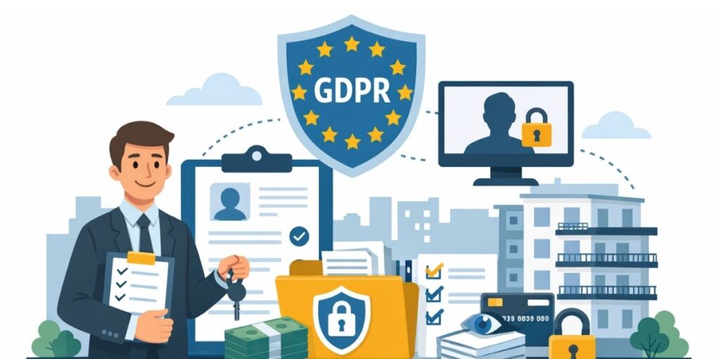Flat‑illustratie van een appartementsgebouw met GDPR‑symbolen zoals een slot, dossiermap, privacy‑schild en een syndicus die persoonsgegevens beheert