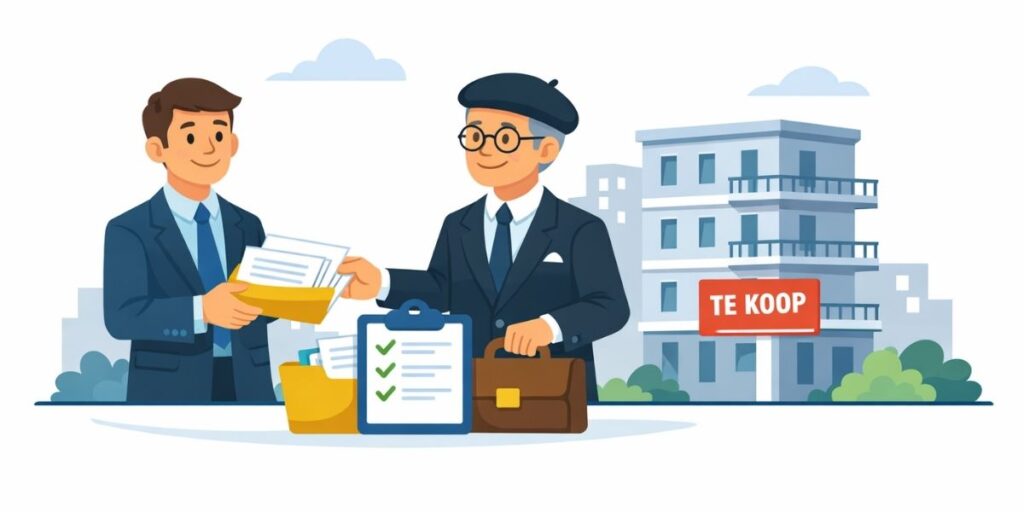 Flat‑illustratie van een syndicus die documenten aan een notaris overhandigt bij de verkoop van een appartement, met een appartementsgebouw en een ‘Te Koop’‑bord.