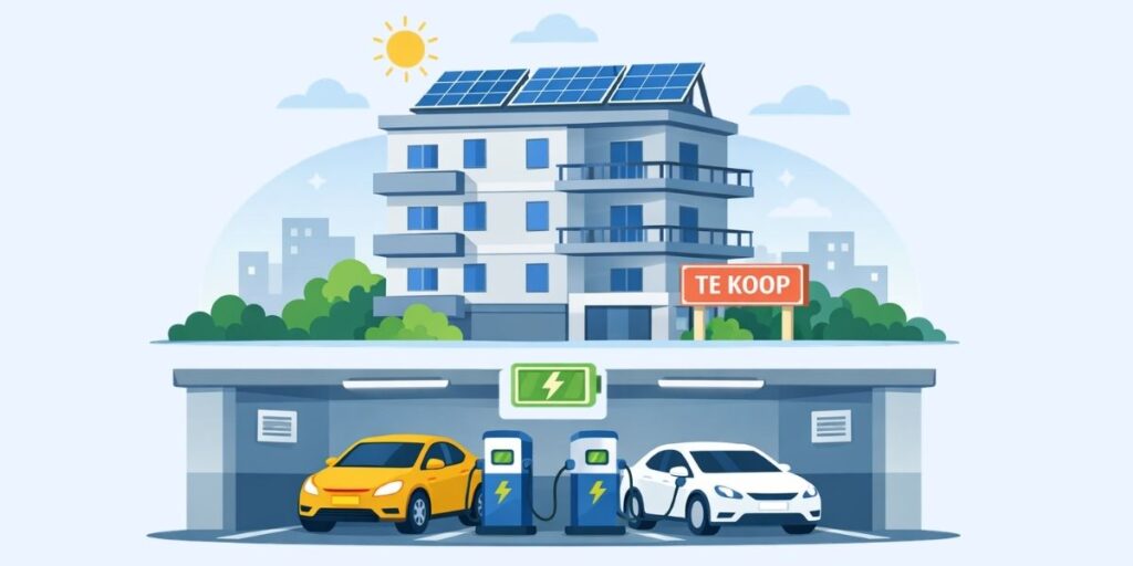 Flat‑illustratie van een appartementsgebouw met zonnepanelen op het dak en elektrische laadpalen in de ondergrondse garage, symbool voor de energietransitie binnen de VME.