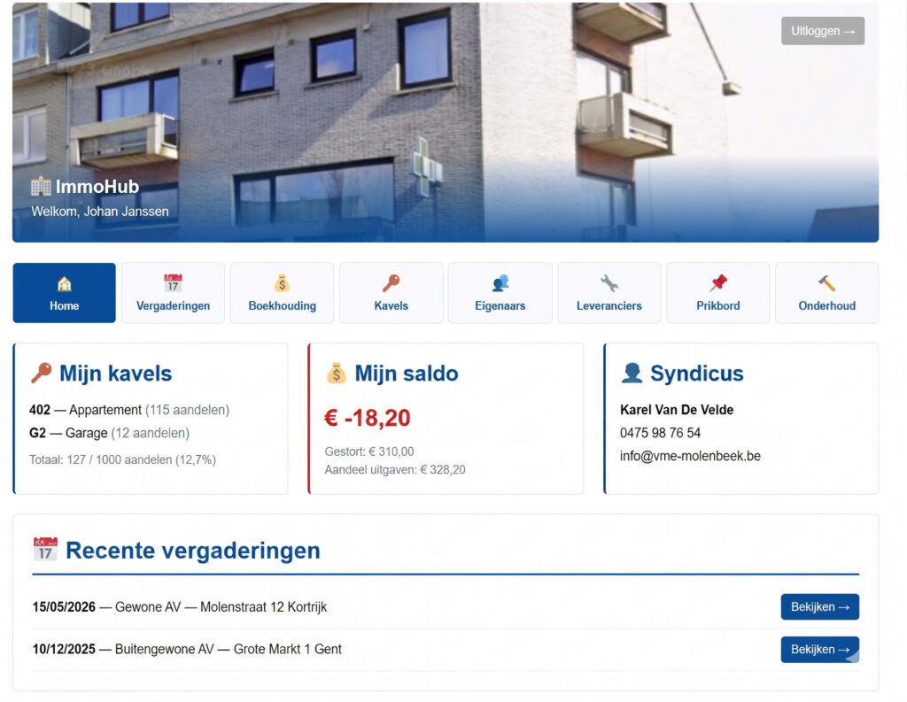 Overzicht pagina Prperty Manager beheersoftware VME