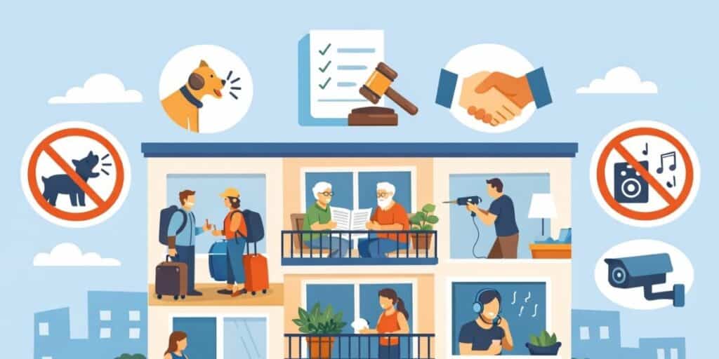 Flat‑illustratie van een appartementsgebouw met bewoners, huisdieren, Airbnb‑bezoekers en symbolen voor leefregels zoals stilte, toezicht en gemeenschappelijke delen