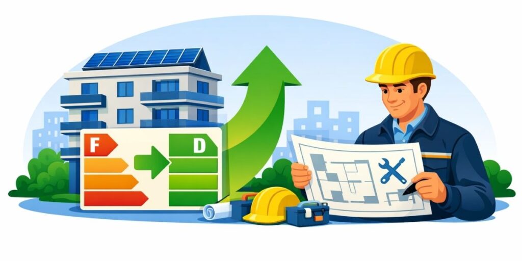 Flat‑illustratie van een appartementsgebouw met EPC‑label dat verbetert, een renovatieplan en een syndicus die plannen bekijkt — symbool voor de renovatieplicht voor appartementen.