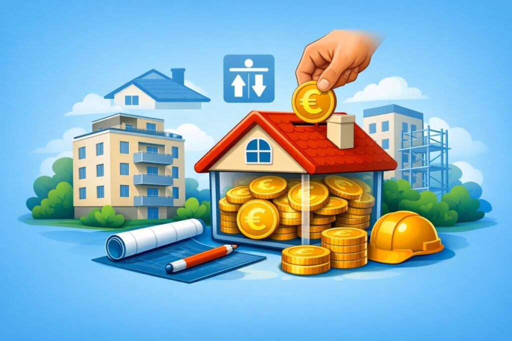 Illustratie van reservekapitaal binnen een VME: appartementsgebouw met huisvormige spaarpot en euro‑munten op een lichtblauwe achtergrond, symbool voor toekomstig onderhoud en wettelijke 5%-regel