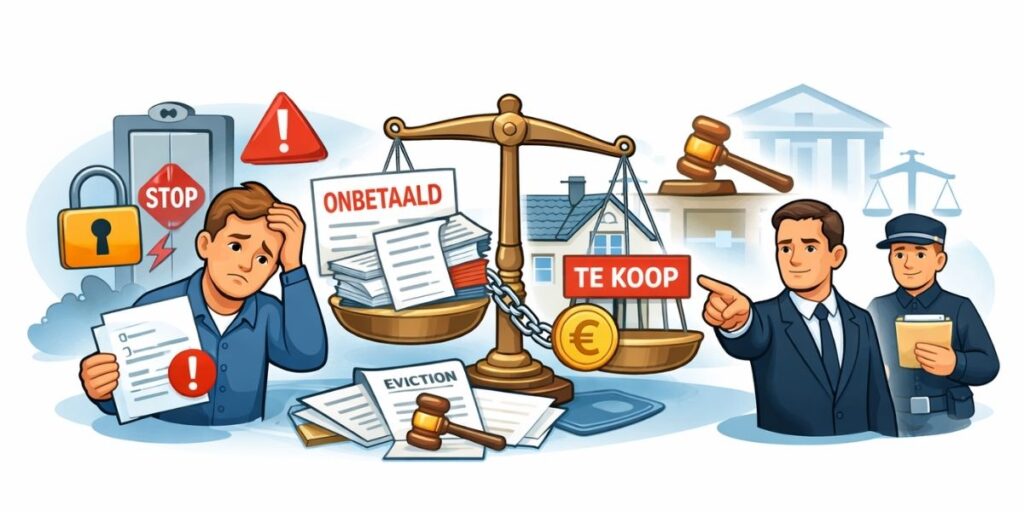 Illustratie van wanbetaling binnen een VME: balans met euro‑symbool, juridische stappen en appartementsgebouw die financiële druk en invordering symboliseren