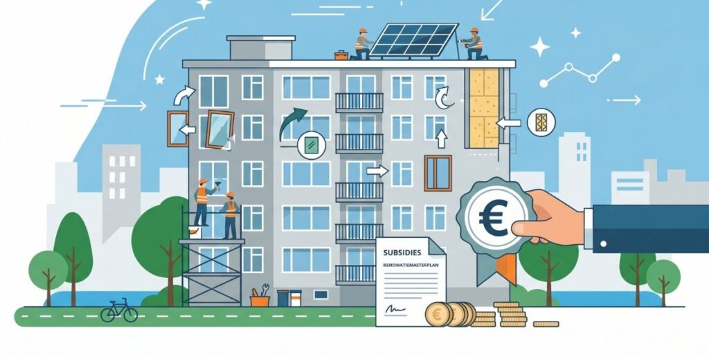 Een platte, vectorillustratie van een groot appartementsgebouw dat wordt gerenoveerd. Op het dak installeren bouwvakkers zonnepanelen, en aan de zijkant wordt aan de gevelisolatie en nieuwe ramen gewerkt. Op de voorgrond houdt een hand een officieel zegel met een euroteken (€) vast, naast een document met de tekst 'Subsidies' en een stapel euromunten. De stijl is zakelijk en helder met tinten blauw, groen en oranje accenten
