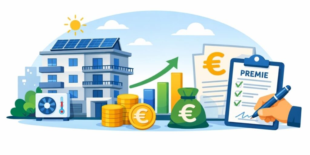Flat‑illustratie van een appartementsgebouw met zonnepanelen en warmtepomp, naast documenten en euro‑symbolen die de Vlaamse Mijn VerbouwPremie en leningen voorstellen