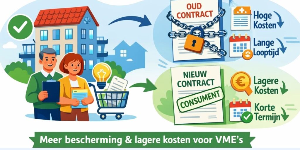 Minimalistische flat‑illustratie van een VME die als consument wordt voorgesteld: een appartementsgebouw met twee mede‑eigenaars die nieuwe, voordelige contractvoorwaarden bekijken, tegenover oude, vastgeketende contracten met hoge kosten en lange looptijden.