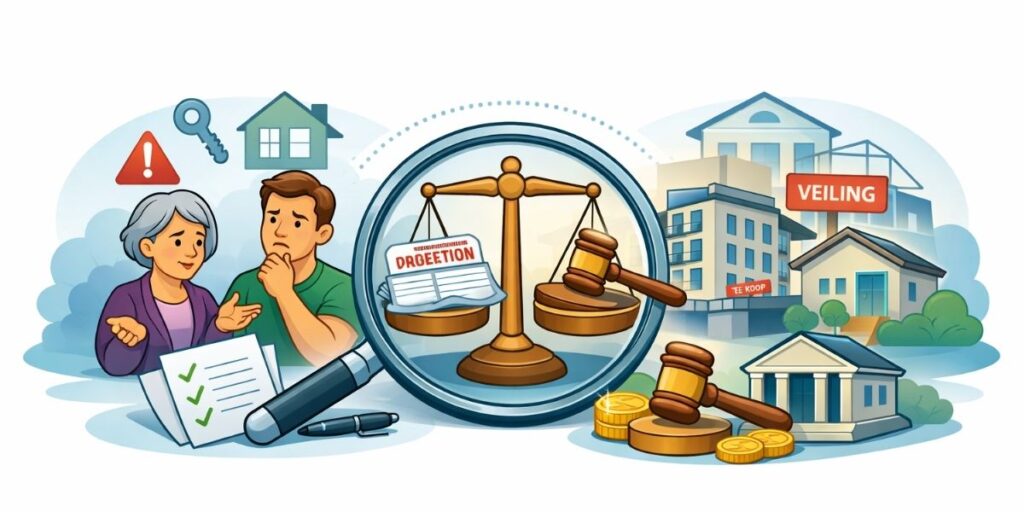 Illustratie van twee praktijkvoorbeelden van wanbetaling binnen een VME: discussie tussen vruchtgebruiker en naakte eigenaar, en gedwongen verkoop met gavel en appartementsgebouw.