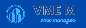 VME manager logo gouden letter op donkerblauwe achtergrond. en een slilhouet van een gebouw