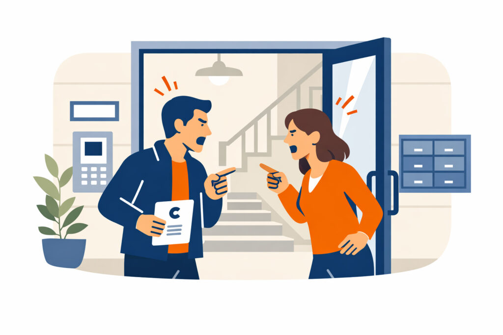 Ruzie makend man en vrouw voor ingang appartement.