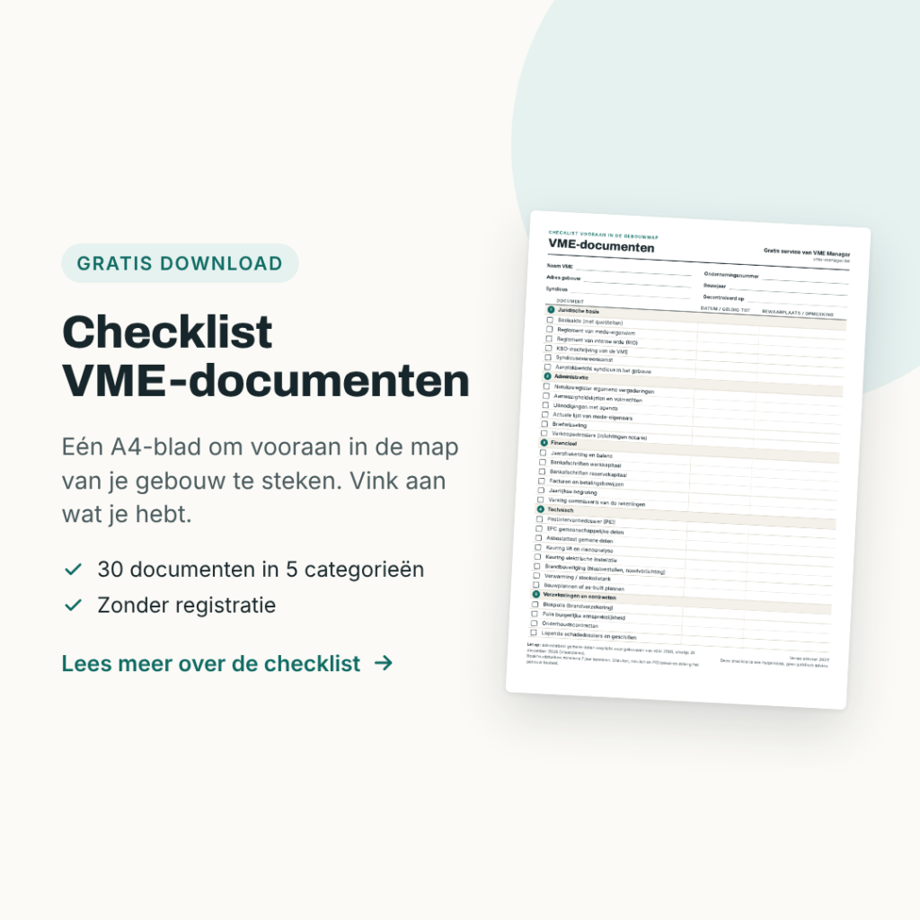 Gratis checklist VME-documenten: één A4-blad om vooraan in de gebouwmap te steken, met 30 documenten in 5 categorieën om aan te vinken