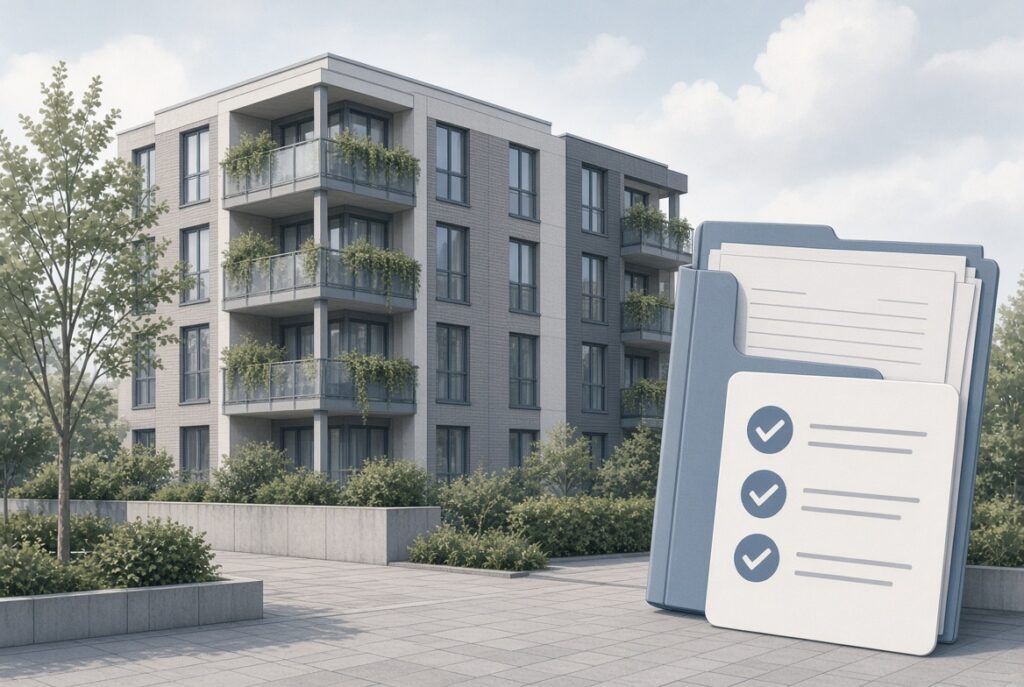 Modern appartementsgebouw met balkons en een map met checklist op de voorgrond, illustratie bij de gids over zelf syndicus zijn.
