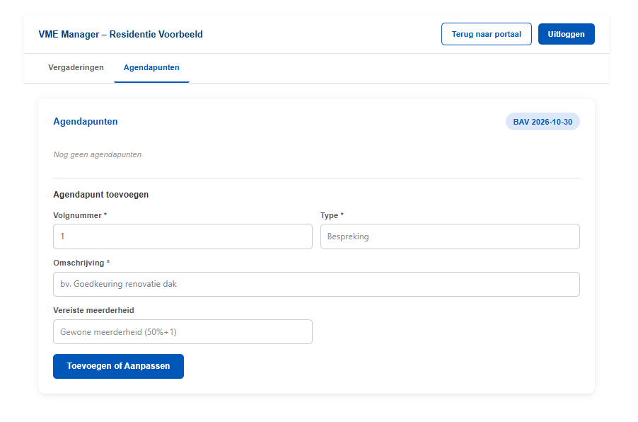 Agendapunt toevoegen met type en vereiste meerderheid
