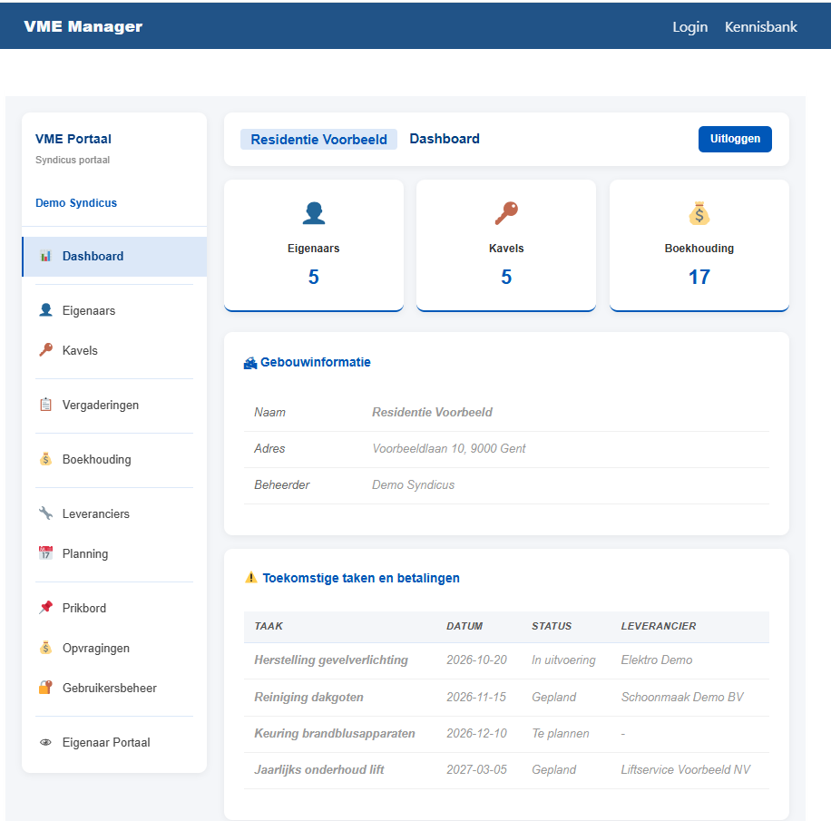 Syndicusportaal van VME Manager met dashboard van een voorbeeldgebouw