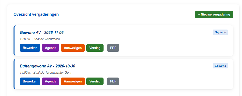 Menu overzicht vergadering vme