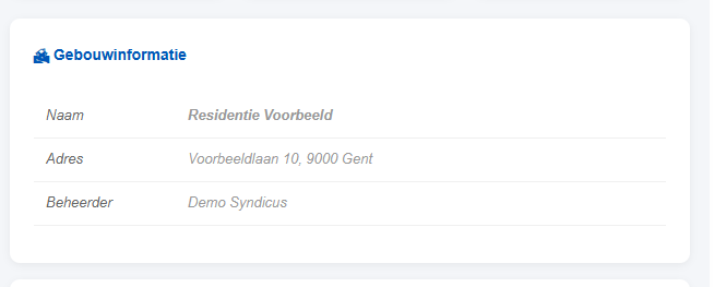Gebouwinformatie met naam, adres en beheerder