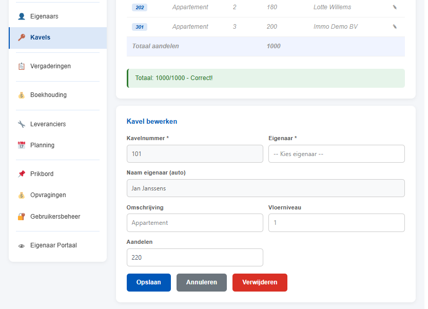 Formulier om een nieuwe kavel in te voeren in VME Manager
